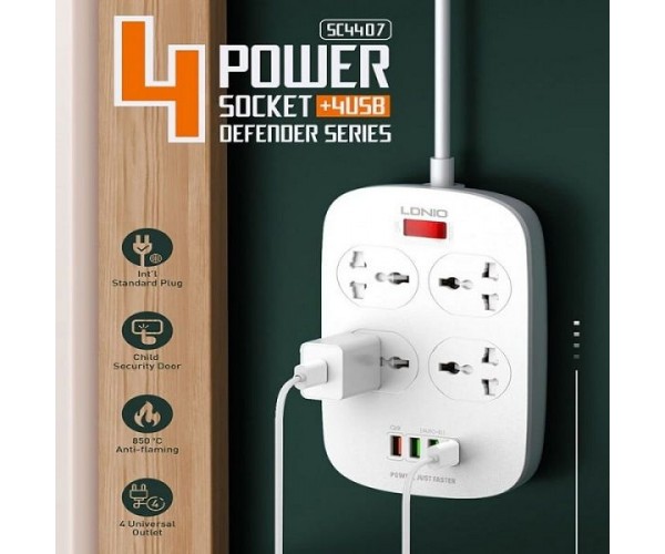 LDNIO SC4407 Power Socket 4 USB Charger With Power Extension Cord