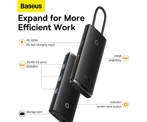 Baseus Hub Lite Series 5-Port Type-C HUB Docking Station HDMI USB3.0*3 PD Black