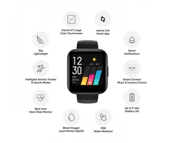 Realme RMA161 1.4" Square Activity Tracker Smart Watch Black