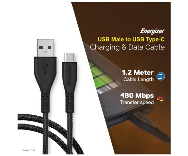 Energizer USB Male to USB Type-C, 1.2 Meter, Black Charging & Data Cable