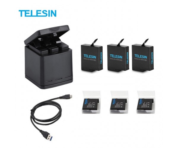 TELESIN Battery Charger Box with 3pcs Batteries for GoPro Hero 8 Black Hero8 6 5 7 Black