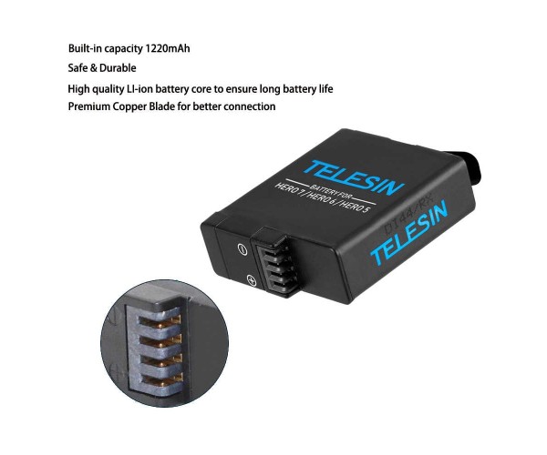 TELESIN Battery set for Gopro Hero 8 7/6/5 3 slots battery charger charging storage box